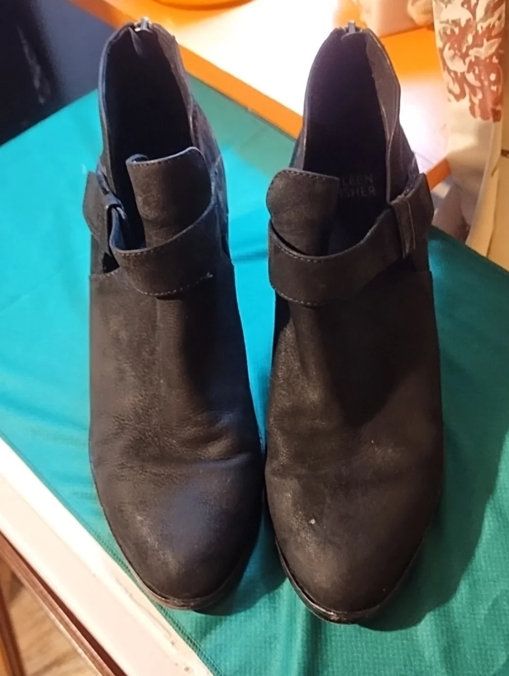 Eileen Fisher Black Suede Ankle Booties with Side Strap Good Condition Size 9.